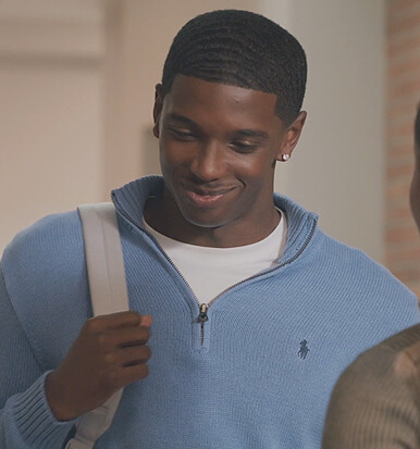 Lando's blue quarter zip sweater on All American Homecoming