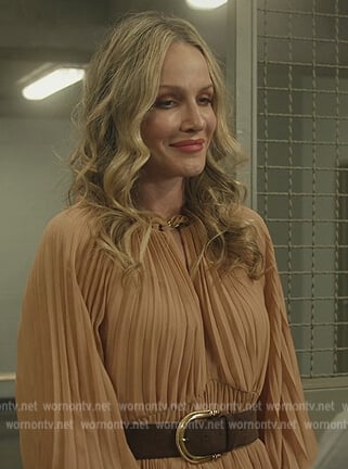 Laura's beige pleated dress with chain trim on All American