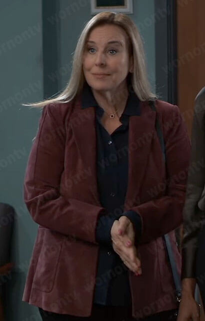 Laura's burgundy suede blazer on General Hospital