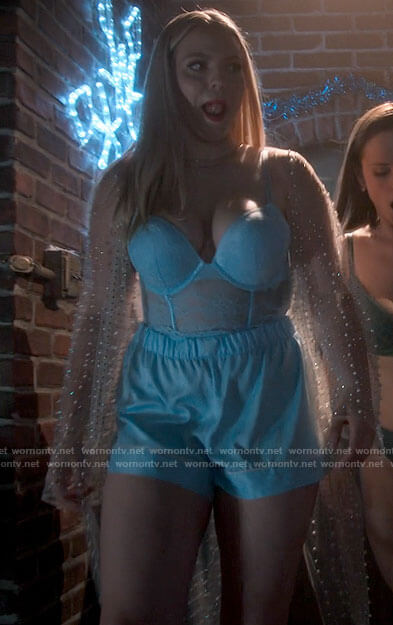 Leighton's light blue lace corset bra and shorts on The Sex Lives of College Girls