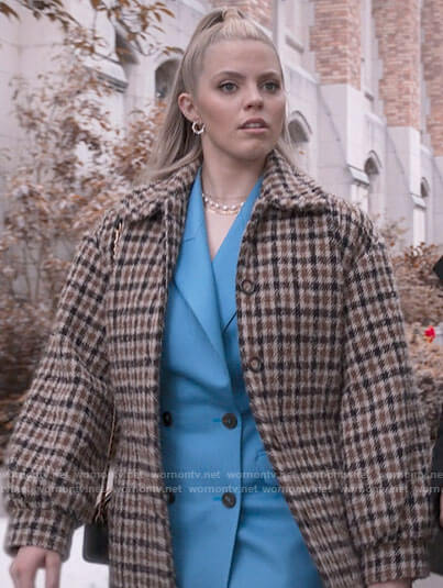 Leighton's checked coat on The Sex Lives of College Girls