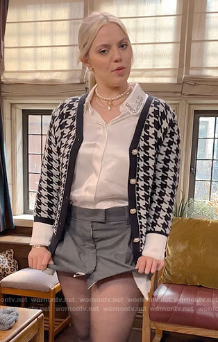 Leighton's white embellished collar shirt and grey mini skirt on The Sex Lives of College Girls