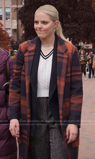 Leighton's navy and orange plaid coat on The Sex Lives of College Girls