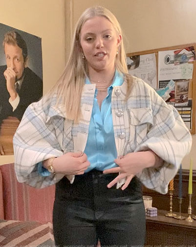 Leighton's plaid puff-sleeve jacket and leather pants on The Sex Lives of College Girls