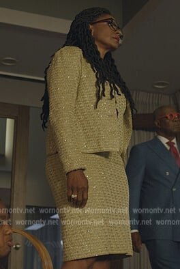 Liz's yellow metallic tweed dress and cardigan on The Good Fight