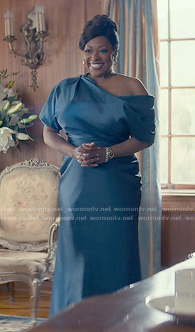 Lynn's blue one shoulder gown on From Scratch