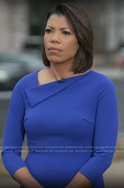 Nikole Killion's blue folded neckline dress on CBS Mornings