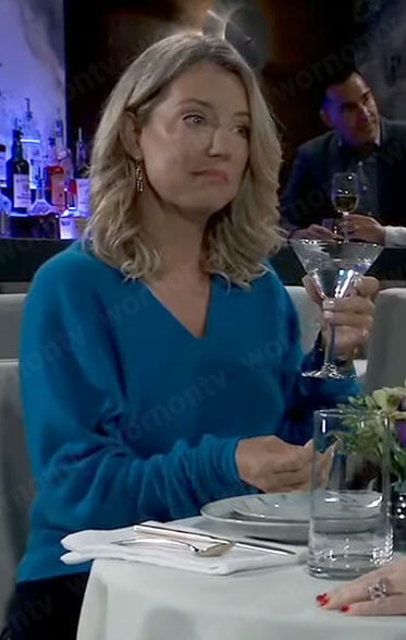 Nina's blue v-neck sweater with ruched sleeves on General Hospital