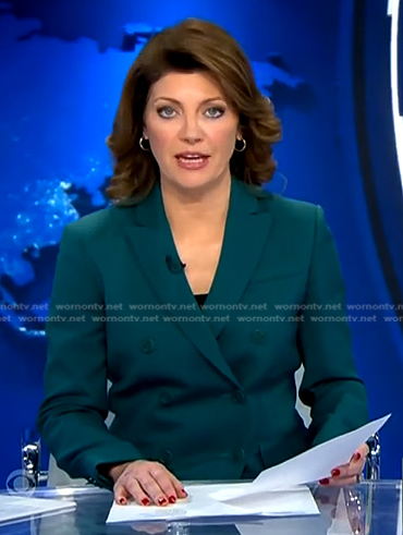 Norah's teal double breasted blazer on CBS Evening News
