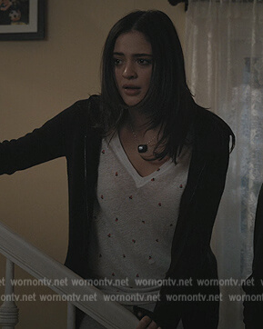 Olive's white strawberry print tee on Manifest