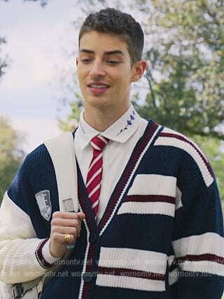 Patric's white print collar shirt and varsity cardigan on Elite