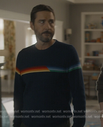 Pat's blue rainbow stripe sweater on Stargirl