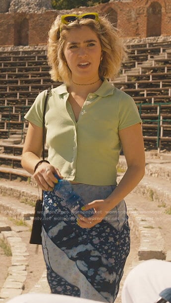 Portia's green button up top and blue patchwork skirt on The White Lotus