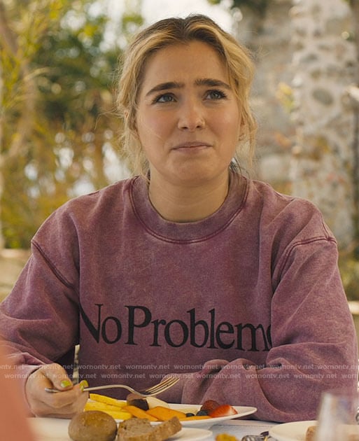 Portia's No Problemo sweatshirt on The White Lotus