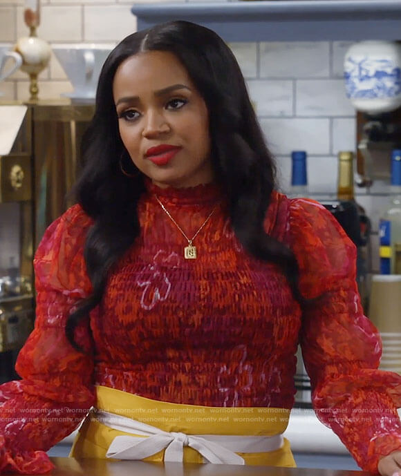 Randi's red floral mesh smocked top on Call Me Kat
