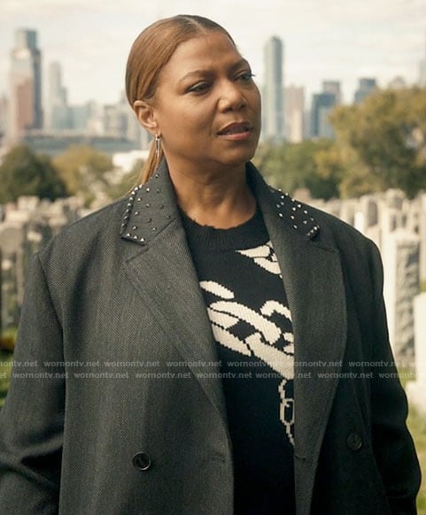 Robyn's chain print sweater and studded collar coat on The Equalizer