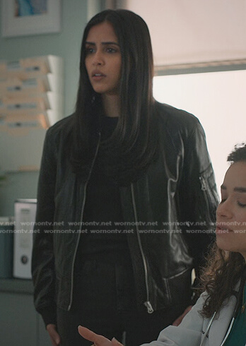 Saanvi's black leather bomber jacket on Manifest