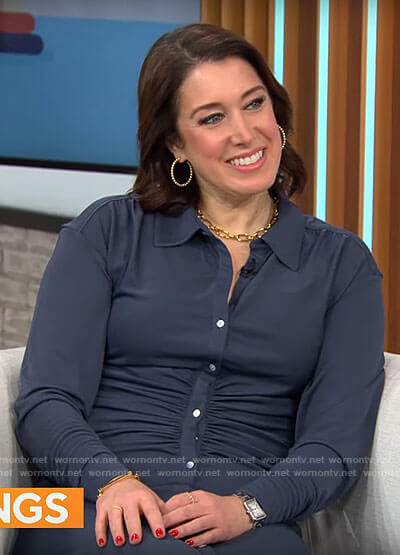 Sarah Gelman's navy ruched shirtdress on CBS Mornings