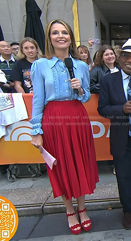 Savannah's ruffled blouse and red skirt on Today