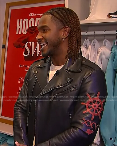 Scott's black leather moto jacket on Access Hollywood