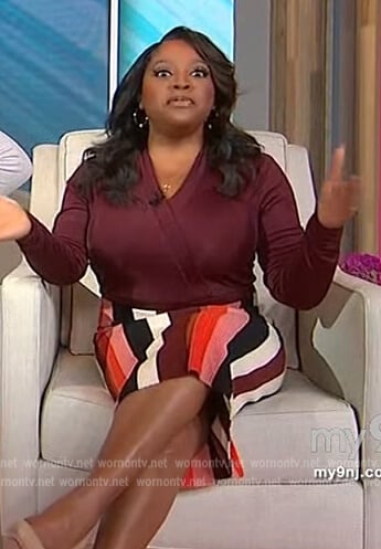 Sherri's burgundy wrap top on Sherri
