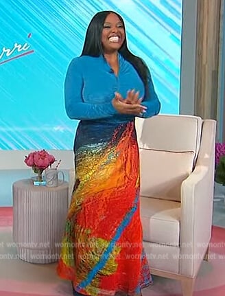 Sherri's blue velvet top and abstract print skirt on Sherri