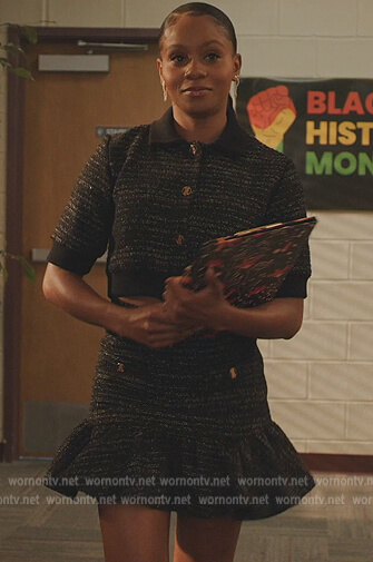 Simone's black tweed jacket and skirt on All American Homecoming