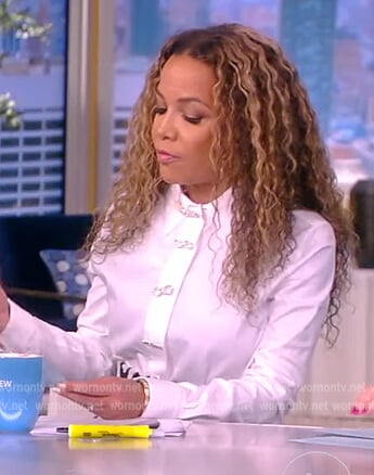 Sunny's white embellished bow blouse and skirt on The View