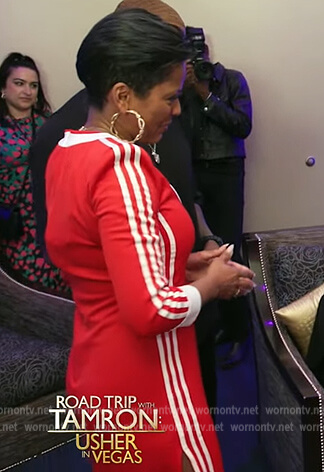 Tamron's red sleeve stripe dress on Tamron Hall Show