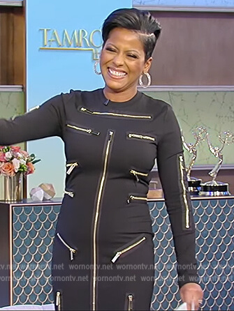 Tamron's black zipper embellished dress on Tamron Hall Show