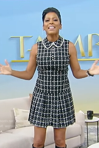 Tamron's black check tweed mini dress on Tamron Hall Show