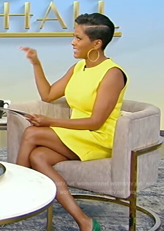 Tamron's yellow sleeveless mini dress on Tamron Hall Show