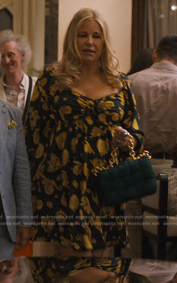 Tanya's black and yellow printed mini dress on The White Lotus