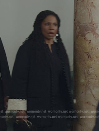 Liz's black beaded contrast coat on The Good Fight