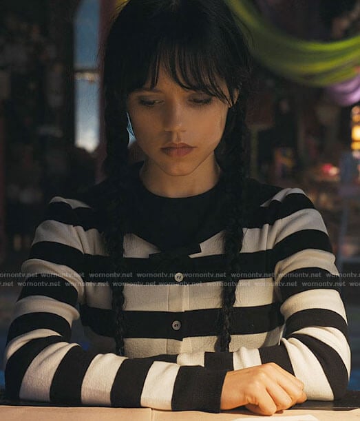 Wednesday's striped cardigan with bow on Wednesday
