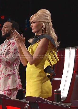 Gwen's black and yellow ruffle back mini dress on The Voice
