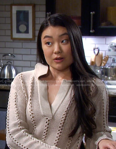 Wendy's beige knit polo sweater on Days of our Lives