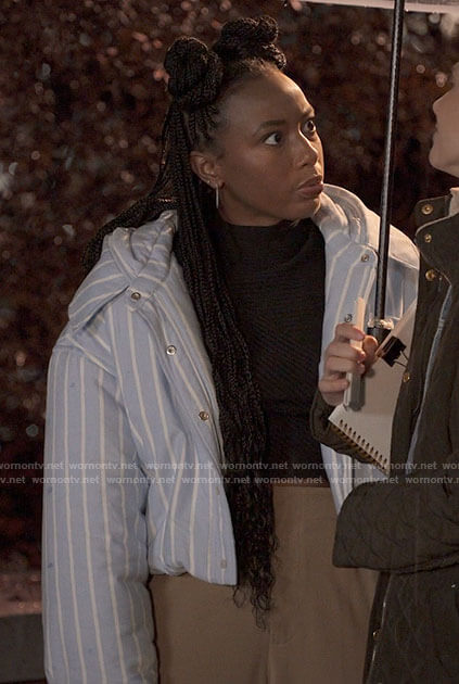 Whitney's blue striped cropped puffer jacket on The Sex Lives of College Girls