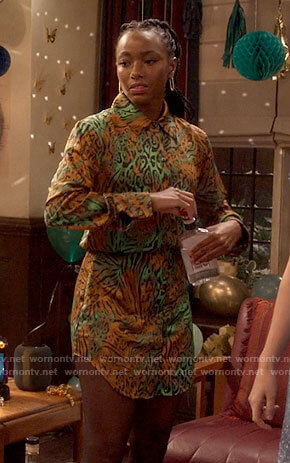 Whitney's green leopard print dress on The Sex Lives of College Girls