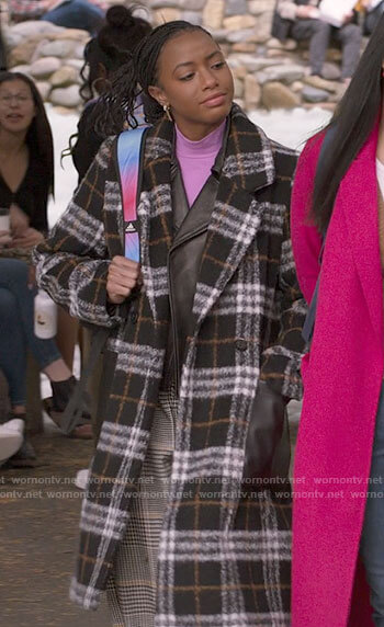 Whitney's plaid coat with leather pockets on The Sex Lives of College Girls