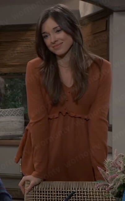 Willow's orange ruffle trim maternity top on General Hospital