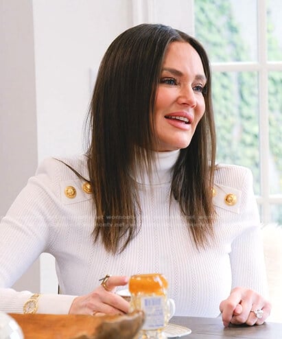 Meredith's white turtleneck sweater with gold buttons on The Real Housewives of Salt Lake City