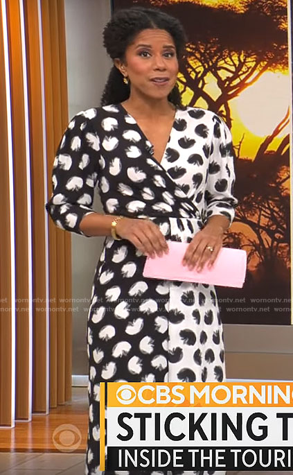 Adriana Diaz's black and white printed wrap dress on CBS Mornings