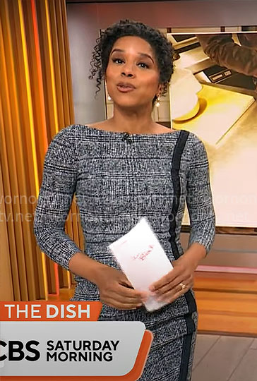 Adriana Diaz's grey plaid dress with black stripe on CBS Mornings