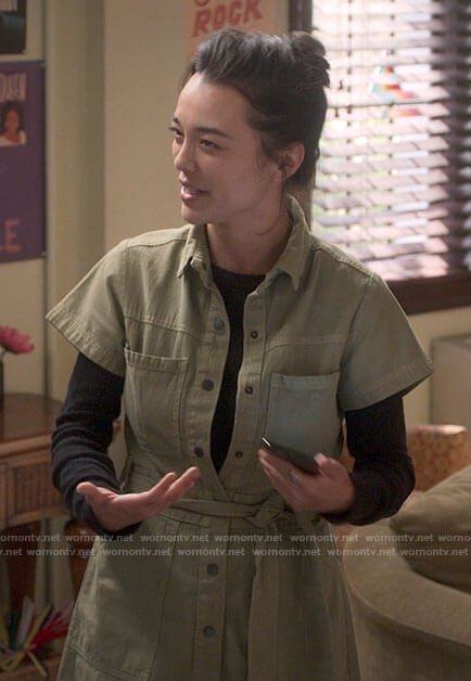 Alicia's green button front dress on The Sex Lives of College Girls