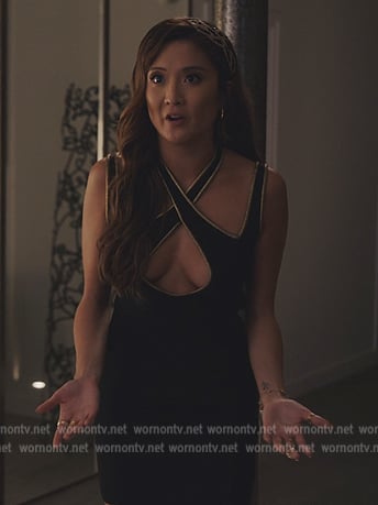 Mindy's black embellished trim mini dress on Emily in Paris