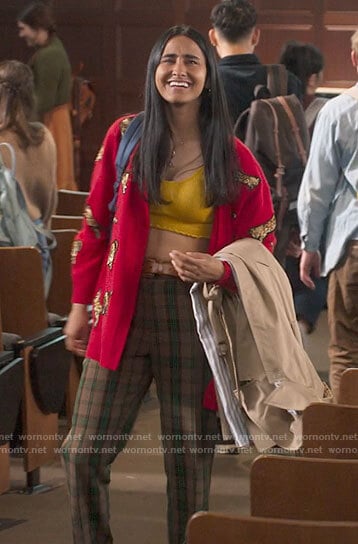 Bela's red leopard patch cardigan on The Sex Lives of College Girls