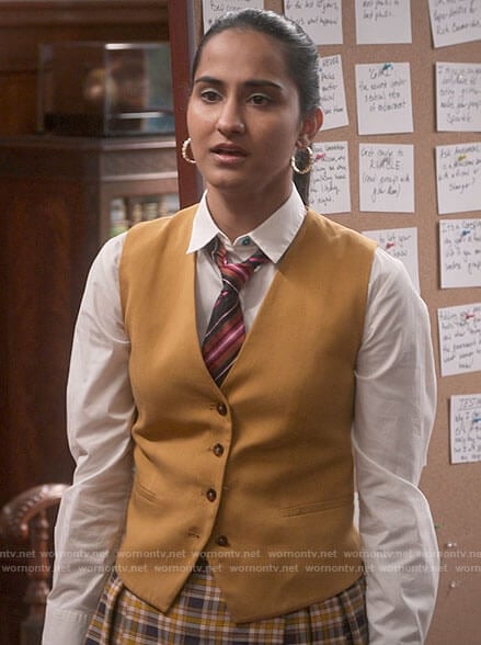 Bela's yellow waistcoat and white button down shirt on The Sex Lives of College Girls