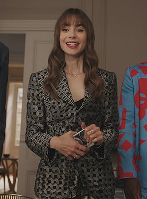 Emily's black geometric print blazer on Emily in Paris