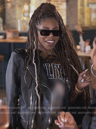 Candiace's black moto jacket and printed tee on The Real Housewives of Potomac